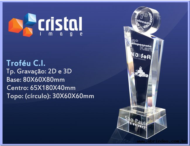 Trofu Cristal Gravao Laser 2D ou 3D